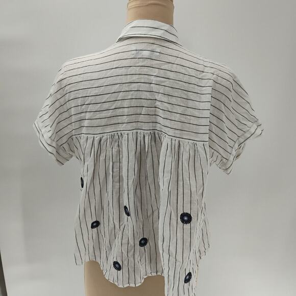 Sz S Madewell Striped Embroidered Button Up Blouse Top Short Sleeve white - Picture 5 of 16